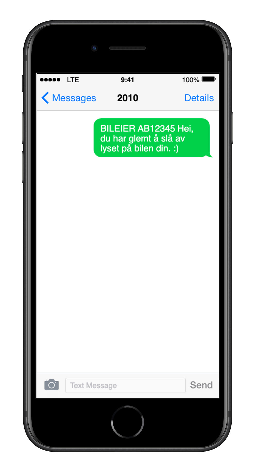 Eksempel av SMS for å sende melding til bileier