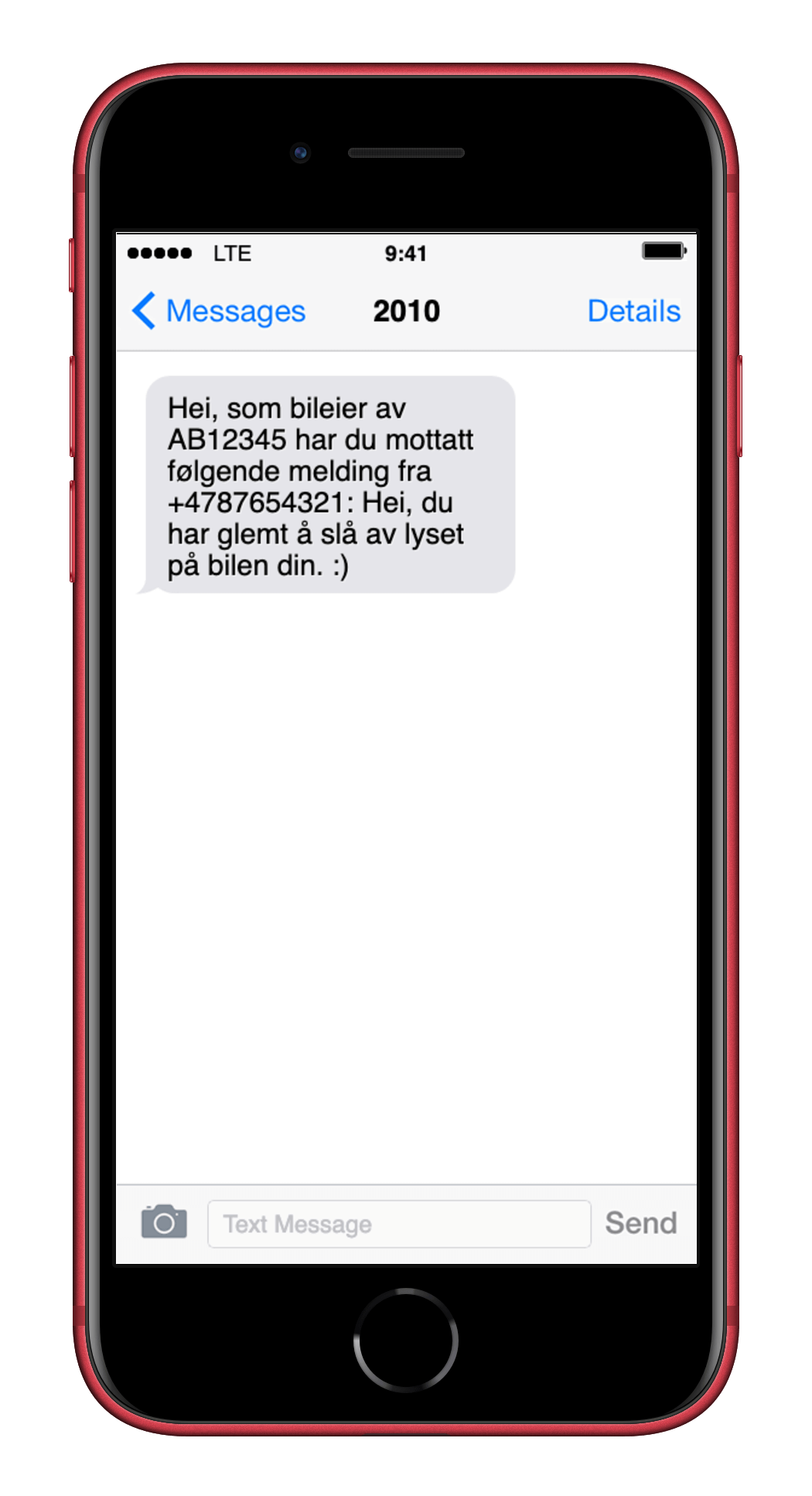 Eksempel av SMS som bileier motta