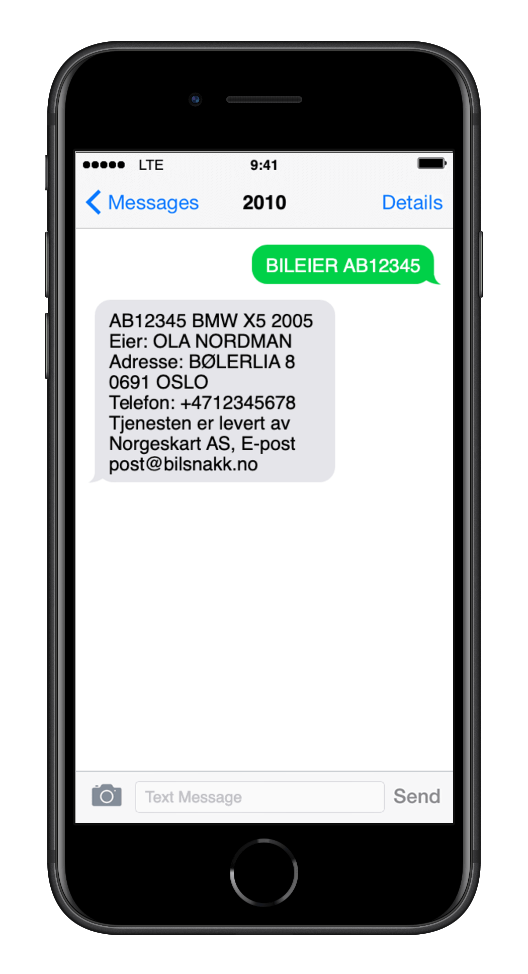 Eksempel av SMS for å finne bileier